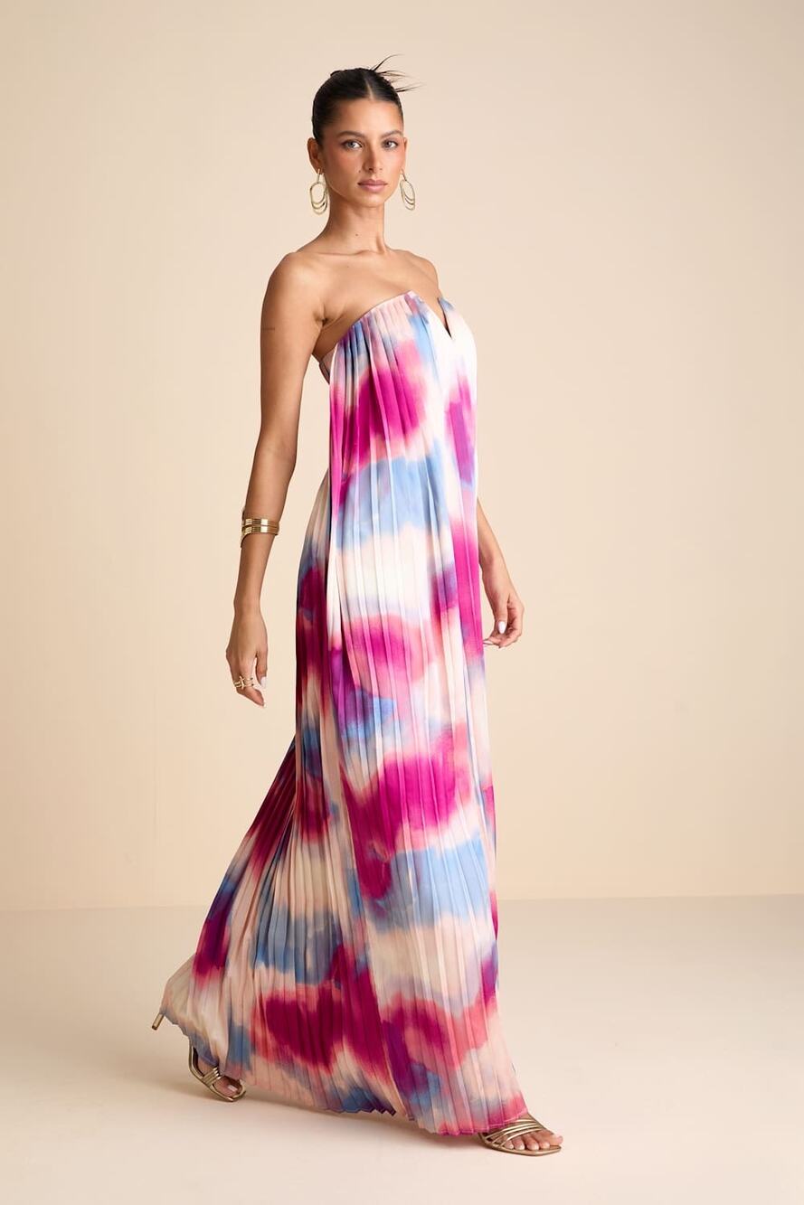 NWT Lulus Sz XL Celandine Multi Abstract Pleated Strapless Swing Maxi